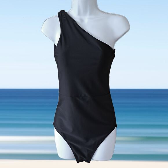SUMMERSALT The Ruched Sidestroke One-Piece One-Shoulder Swimsuit Black 6 Tall - Picture 2 of 7
